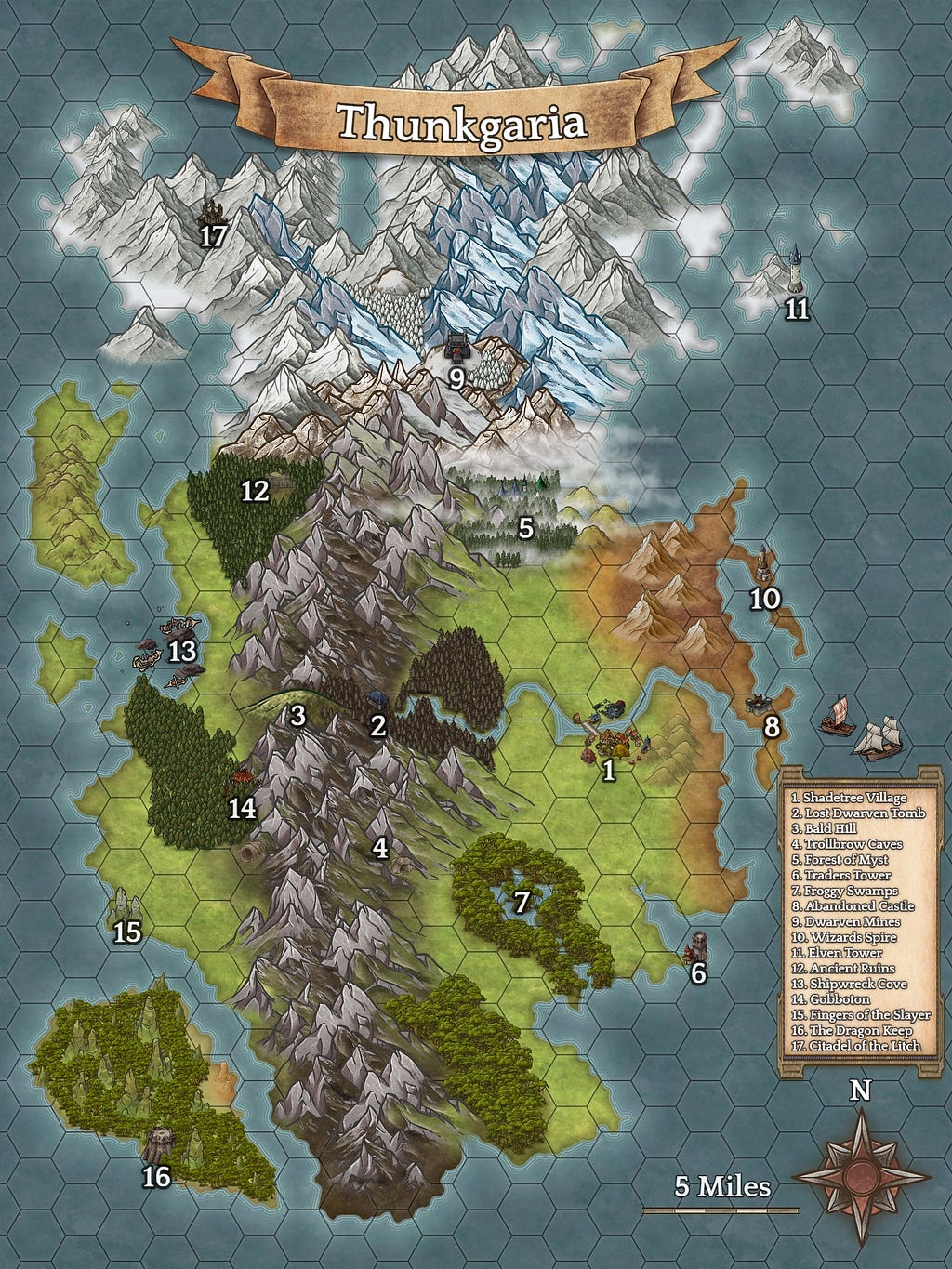 A fantasy map of an island with a large mountain range, forests, and a number of key locations marked.