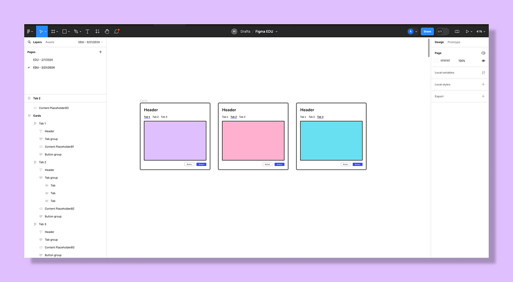 Figma canvas showing three cards with a purple, pink, and teal center and the background color is the same purple