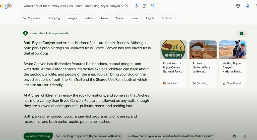 The google search engine with an eplanatory field below the search bar, and answer generated by SGE — Search Generated Experience.