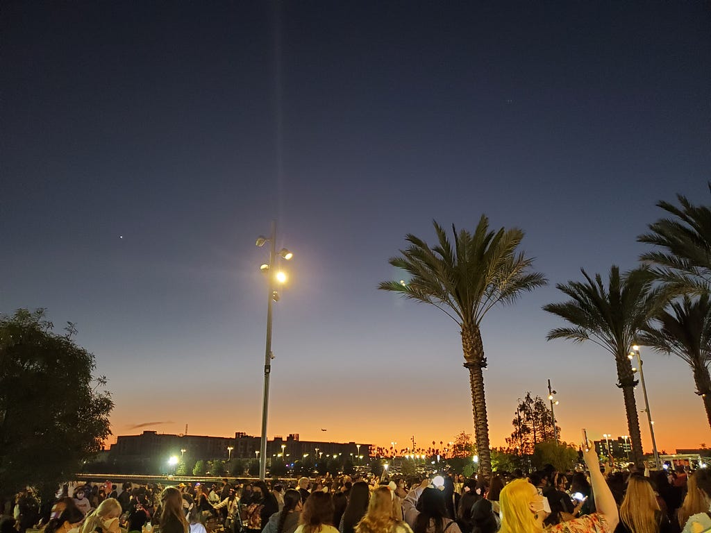 Sunset on horizon, tall flood light in center, palm trees to right. Along bottom of the photo is a thin crowd of people.