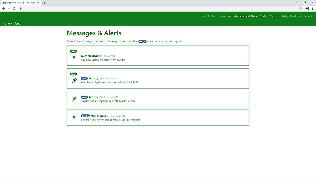 The messages & alerts page with four alerts: Two for exercise and two for appointments.