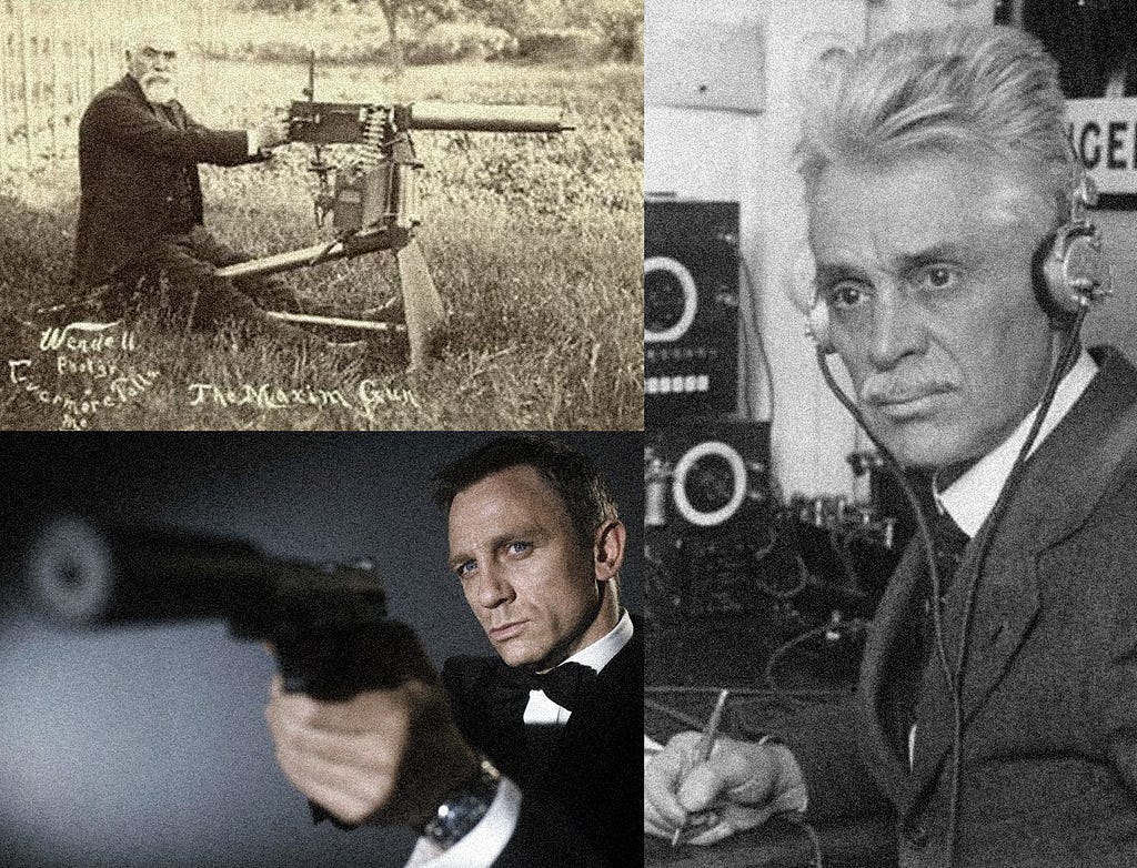 Sir Hiram Maxim, 1840–1916, Hiram Percy Maxim, 1869–1936, Daniel Craig as James Bond.