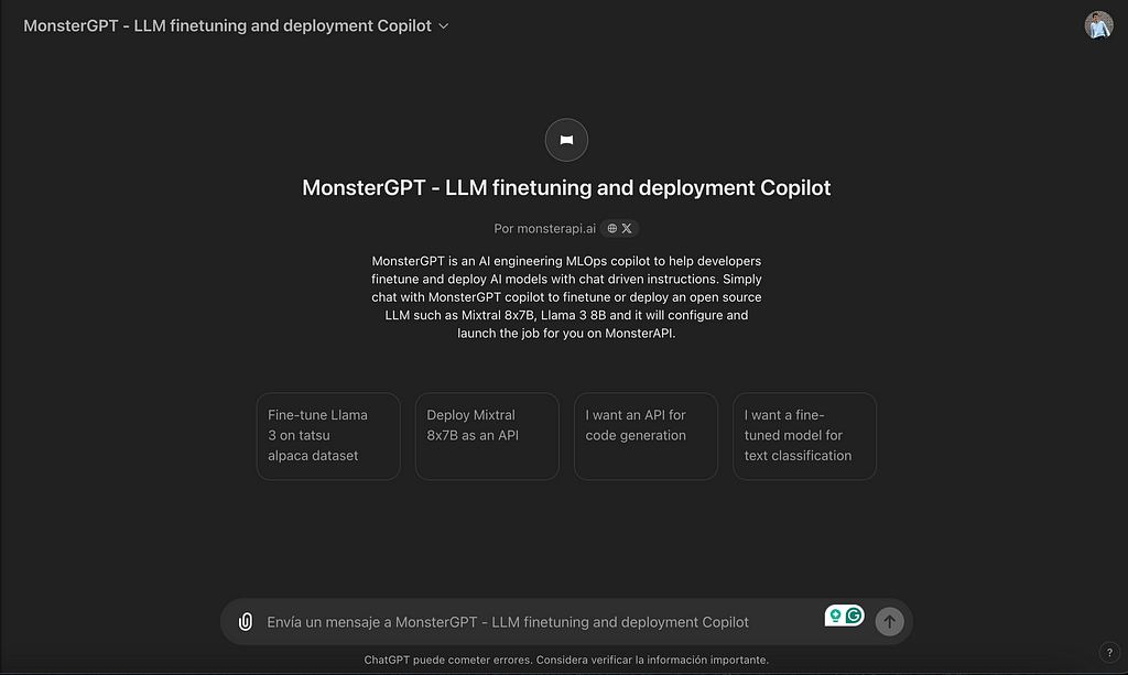 MonsterGPT main interface, directly integrated withChatGPT.