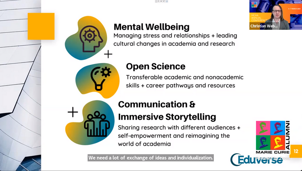 Slide from the session focusing on mental welbeing, open science and immersive storytelling