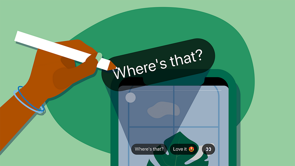 A content designer’s hand pens the app-suggested phrase Where’s that?