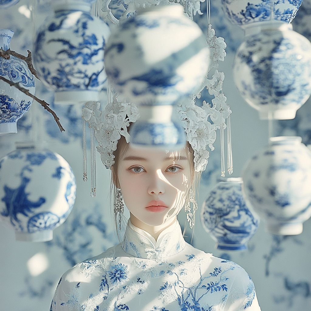 18-year-old beautiful girl with oriental chinese style broken blue and white porcelain pattern,serene,portrait photography by tim walker, fashion editorial,accent lighting