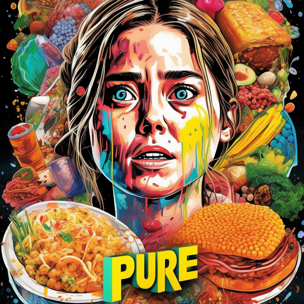 A woman’s face surrounded by piles of food with the title Pure