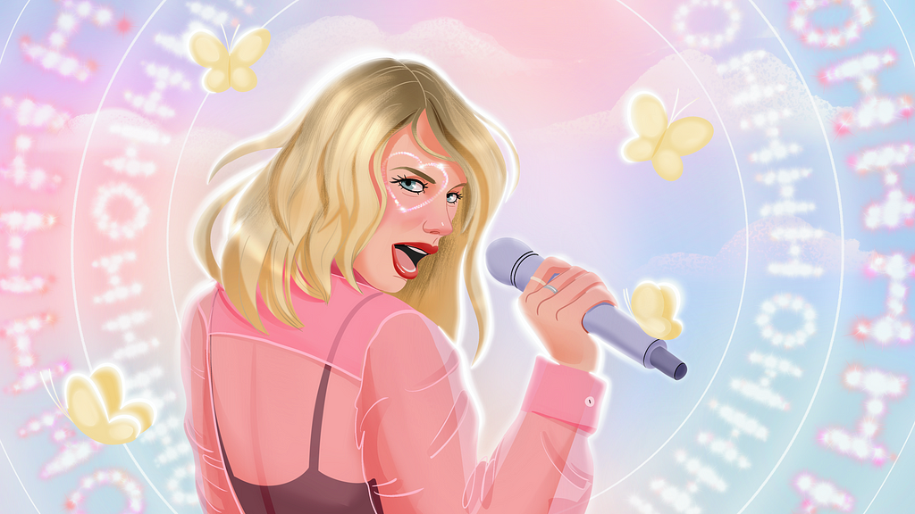 Taylor Swift lover music album fan art digital illustration pink blue pastel colorful portrait singer microphone yellow butterflies heart love