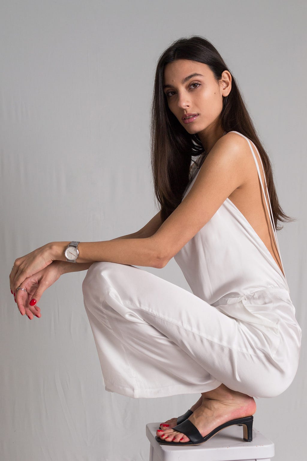 Bastet Noir made to measure satin silk white jumpsuit with bareback thin straps, front pockets and elastic waist band