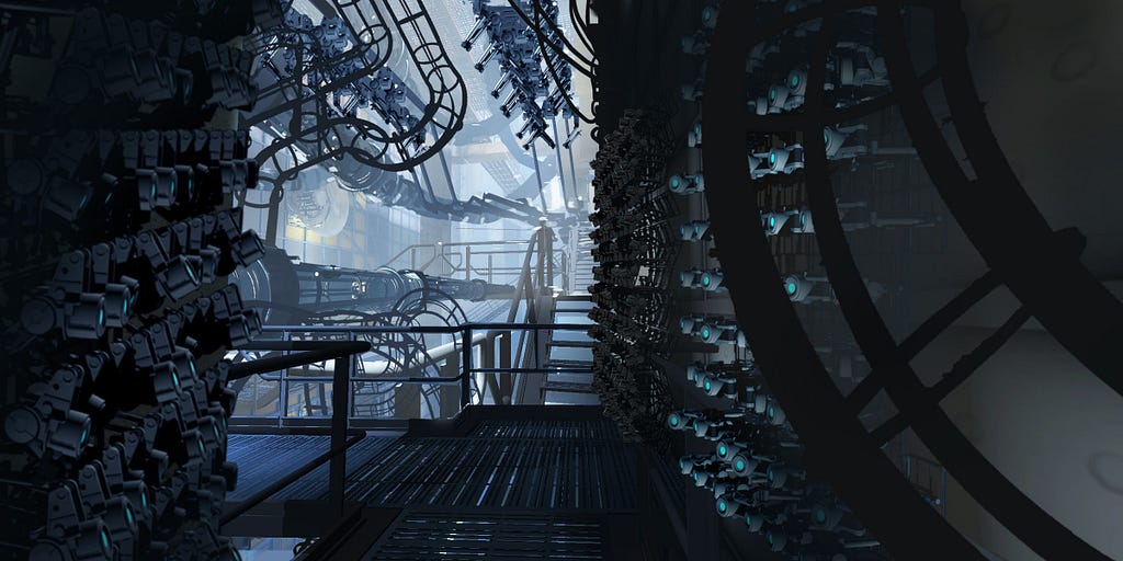 A piece of Portal 2 concept art. It is drawn digitally in the style of the game, mostly realistically. Part of a glass pipe, ringed with steel, covers the right of the image. A metal walkway surrounded by walls covered in mechanical arms leads forward. More pipes twist around each other in the distance.