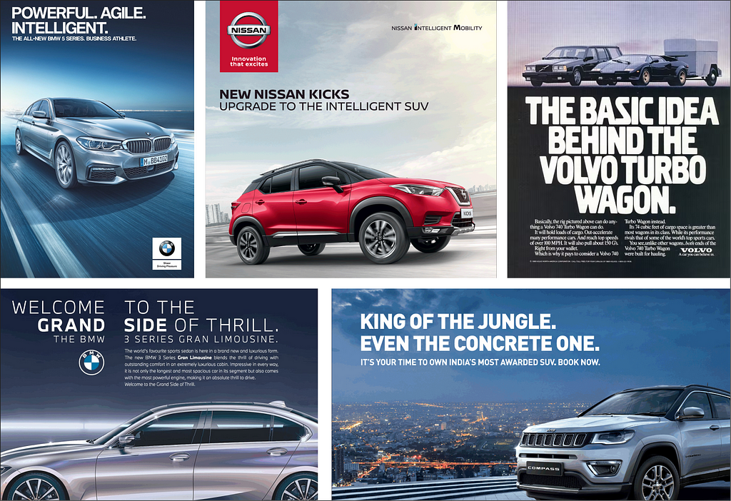 A collection of car advertisements using large, bold fonts for their copy.