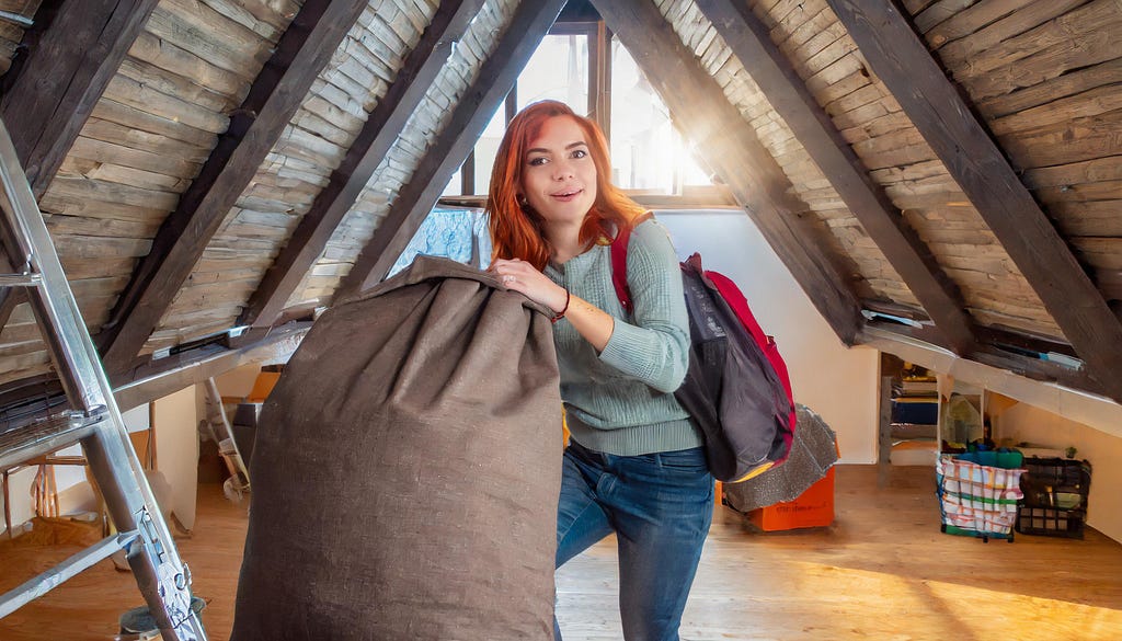 Adobe FireFly2 AI Image: Red-haired woman dragging huge bag into attic