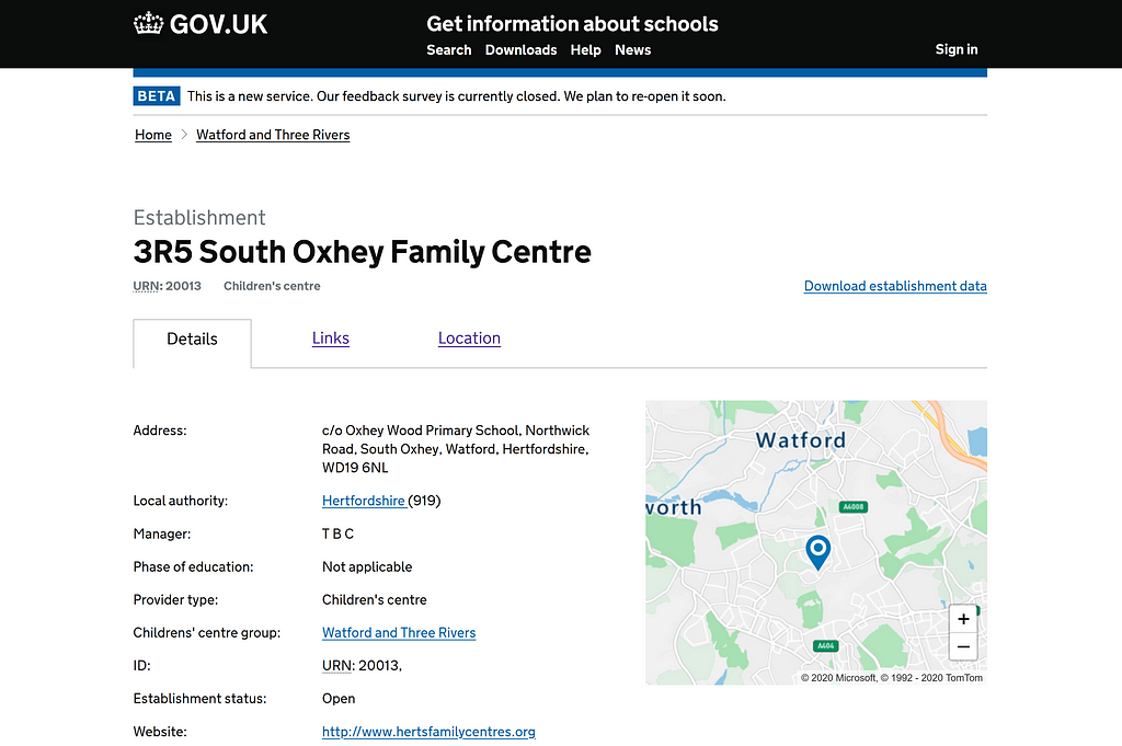 Página de referência de uma escola no Reino Unido
