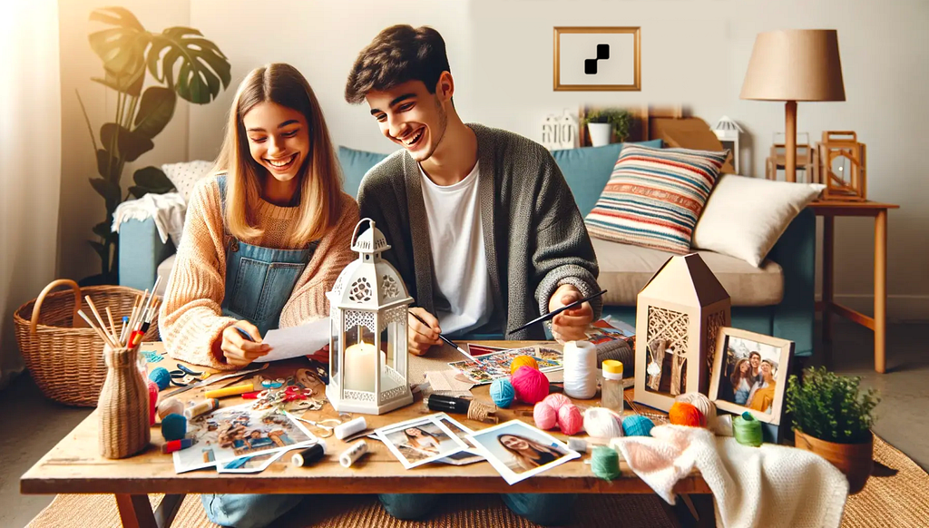 Two Roommates sitting on a sofa and making craft items for home decor
