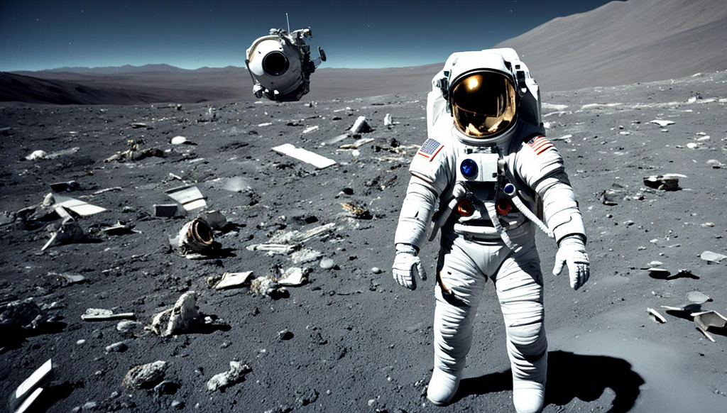 A lone astronaut standing on a dusty, gray moon surface, with a backdrop of Earth in the distance. In the foreground, scattered around the astronaut, are various pieces of equipment and debris that seem out of place or unexplained. The astronaut appears confused, as if he’s just realizing something is amiss with the mission he believed he was on. Perhaps there’s a flicker of doubt in his expression, or a sense of betrayal by those who sent him there.