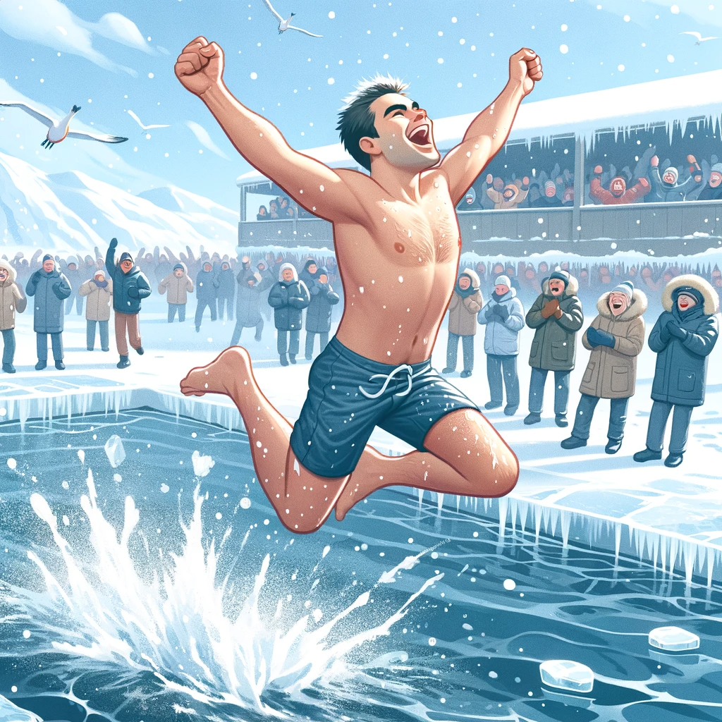 Man in swim suit exuberantly coming out of the cold water while bystanders in coats cheer.