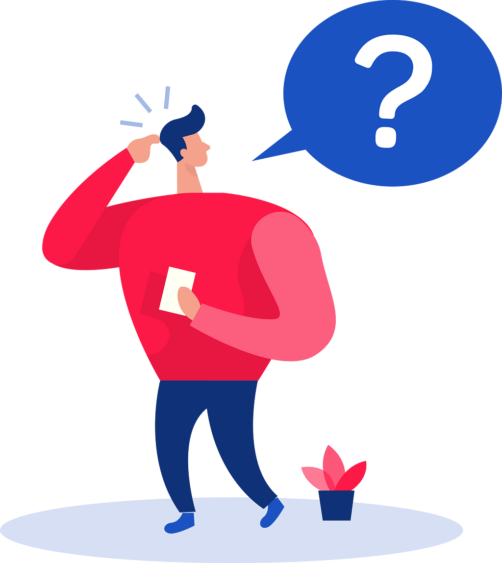 Colourful illustration of a person walking along, scratching their head, with a question mark in a speech bubble.