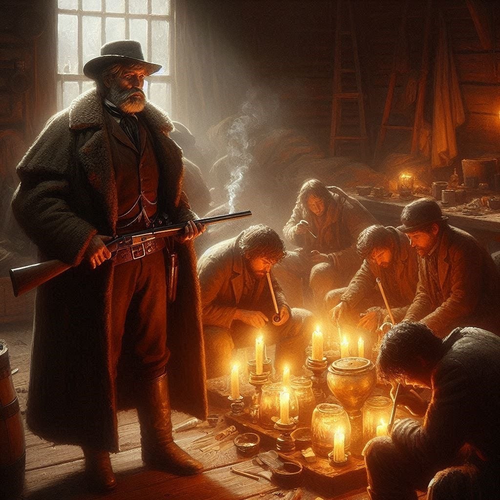 An old prospector in the Old West of the 880s carries a shotgun and watches several people smoking long pipes warmed by candles.