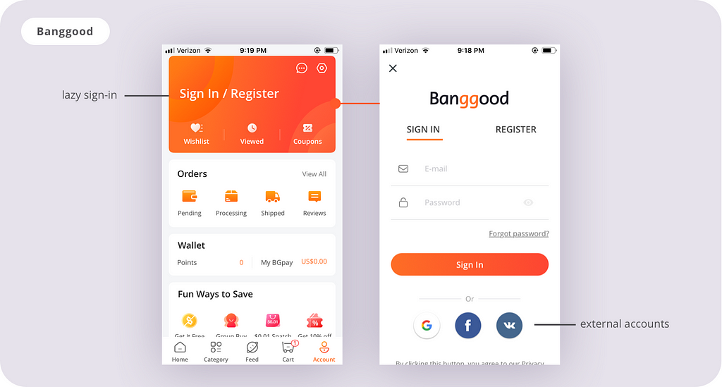 Screenshots of the Banggood app’s account and sign-in screens; shows lazy sign-in and external accounts options