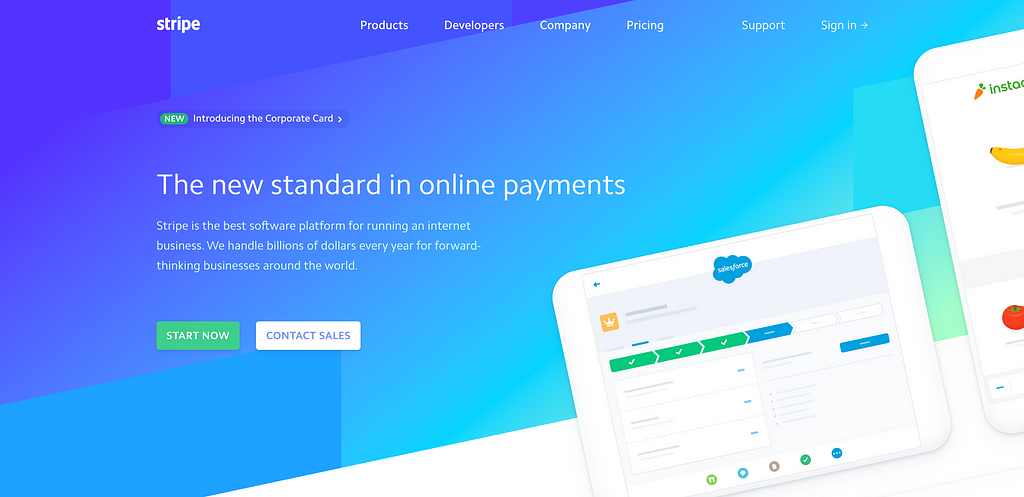 A snapshot of Stripe’s homepage. Strip allows individuals and businesses to make and receive payments over the Internet