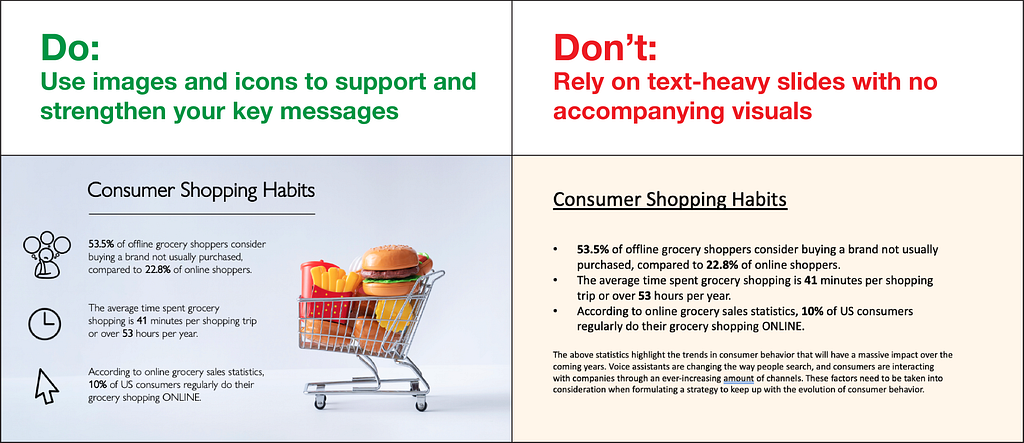 A blank text-only Powerpoint slide vs. a slide with a background photo to illustrate that presenting images in Powerpoint is a more clear and impactful way to engage your audiences and help them more quickly internalize your findings.