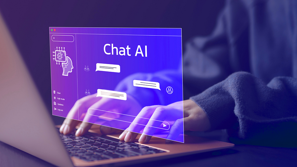 A person typing on a laptop with a glowing AI chat interface overlay, representing real-time interaction between users and conversational AI systems.