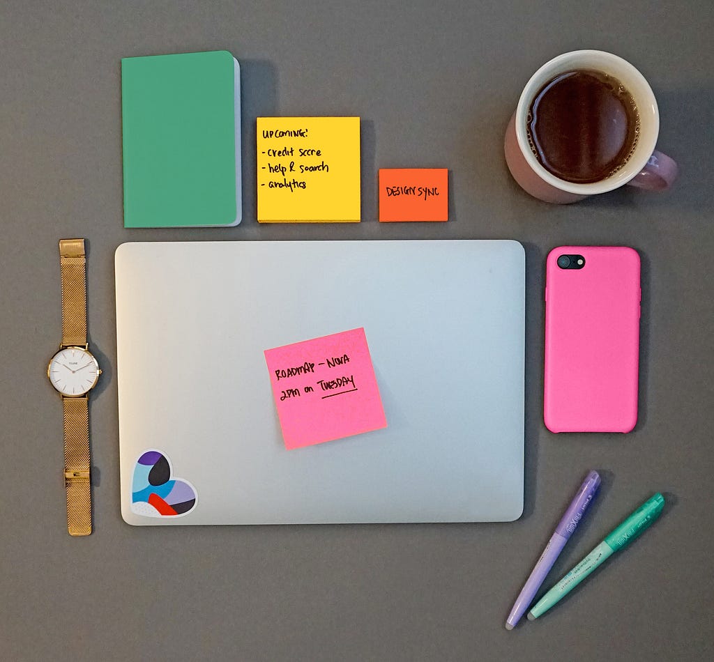 Watch, laptop, phone, post-it notes, and a cup of coffee