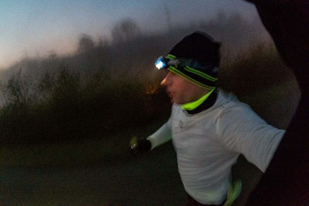 A fresh and foggy morning run along the canal with heavy legs. Oberhausen, Germany, March 7, 2024.