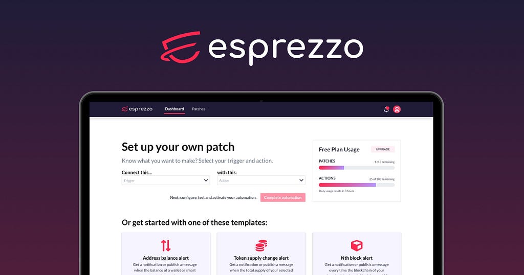 A screen shot of Esprezzo Dispatch, web app for creating blockchain notifications and automations