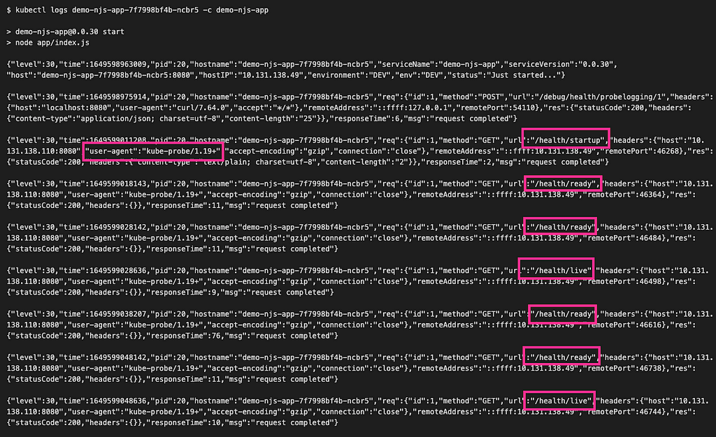 A screenshot of the terminal window with the log output showing probe request from the kubelet printed