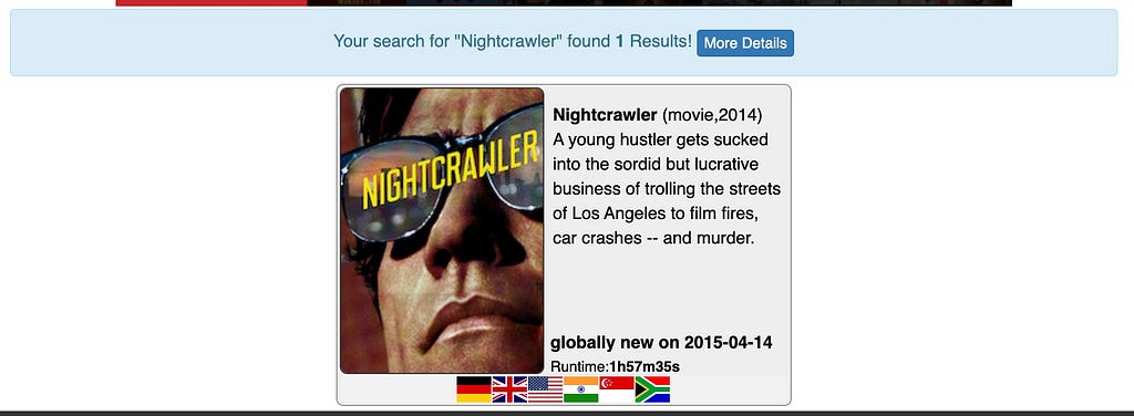 a search for the movie “Nightcrawler” on the unogs website