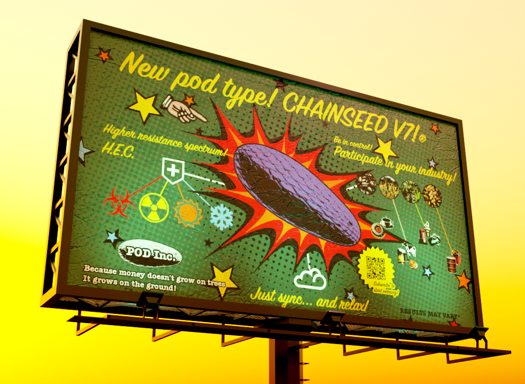 A highway billboard advertising a new version of digitally controlled seeds with many selling points, most of them partially true