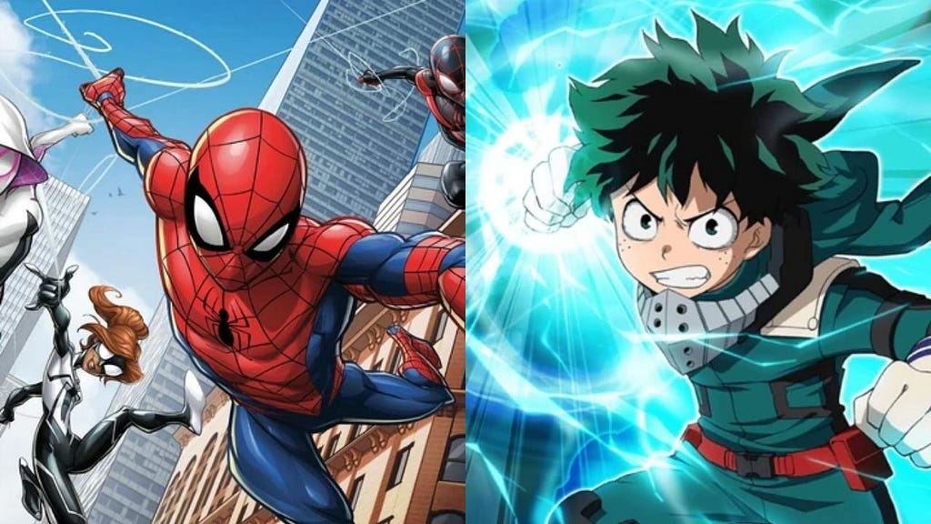 two split frames combined into one. On the left is spiderman and his friends swinging and on the right is Deku about to throw a powerful concentrated punch