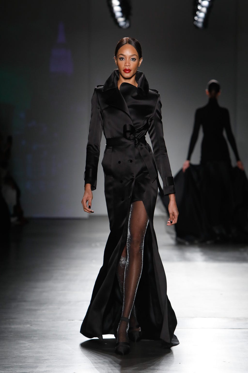 Black Couture Silk Satin Trench Gown with Hand-Beaded New York Skyline Back