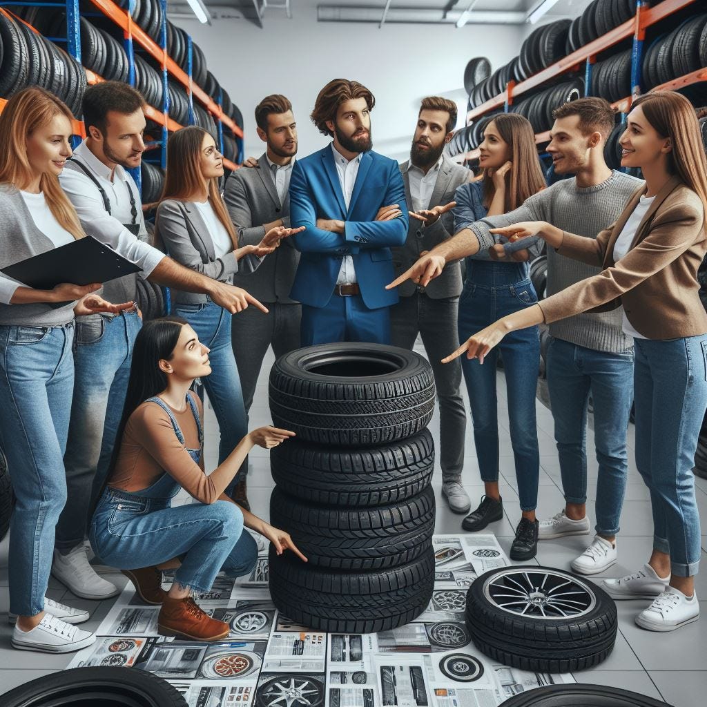 A group of people talking about tires.