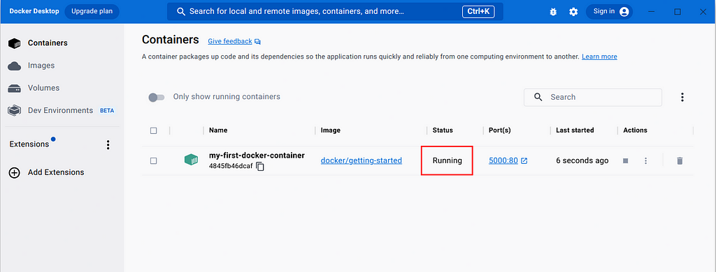 Showing status of running in docker container