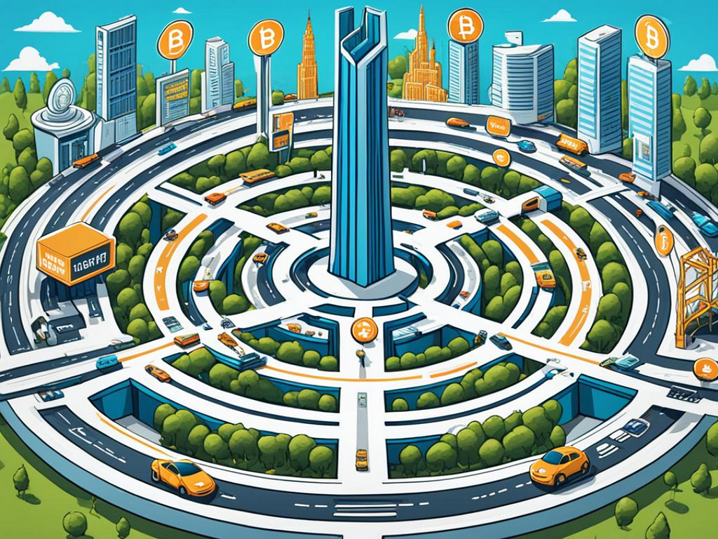 A labyrinth of interconnected roadways leading to a central hub, with different agencies and institutions stationed at each intersection. The roads are lined with signs and symbols representing various regulations and policies related to cryptocurrency, while the institutions are manned by stern figures in suits and ties. The central hub is a towering structure, representing the global governing body that oversees the crypto industry. It’s shrouded in shadows, suggesting that its true intentions