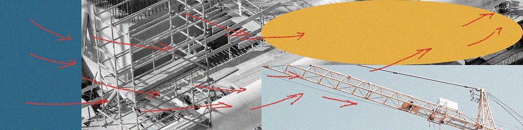 scaffolding, a crane, with red arrows laid out around the image.