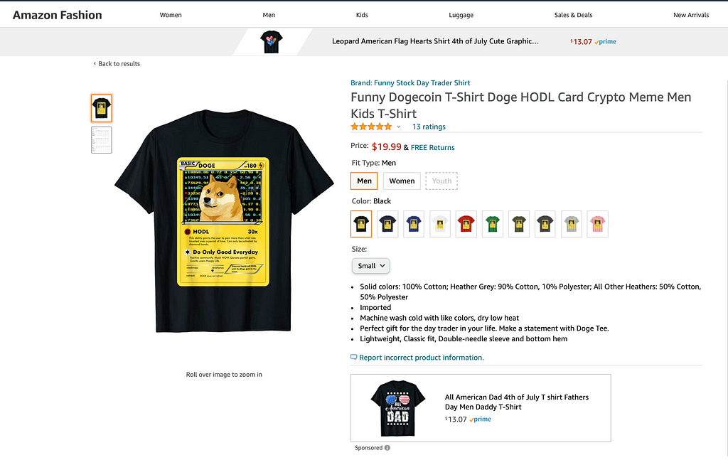A screenshot of an Amazon vendor’s page featuring a t shirt with the Dogecoin dog displayed on a fictitious Pokemon Card. One of the moves is “HODL”, which deals 30x damage. The other being “Do Only Good Everyday”.