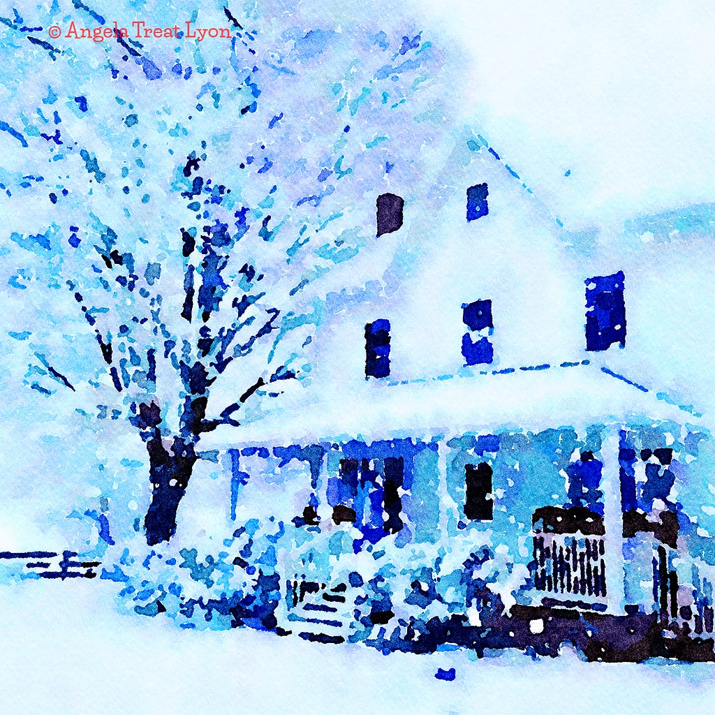 house in swirling snow