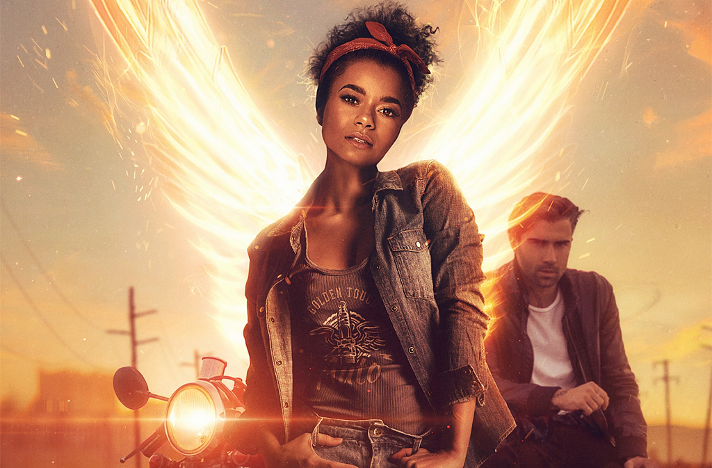 Image: A young Black woman in a denim jacket and glowing wings of golden light stands in front of a motorcycle with a glowing headlamp and a handsome dark-haired man leaning against it.
