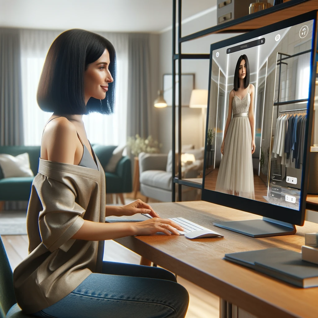 A woman in her home, sitting in front of a computer, engaged in online shopping. She is using a virtual fitting room feature on the computer screen.