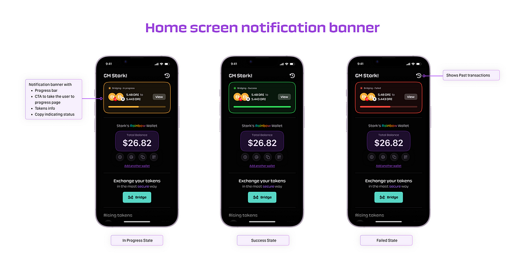 Home screen notification banner UI for success, failure and in progress state