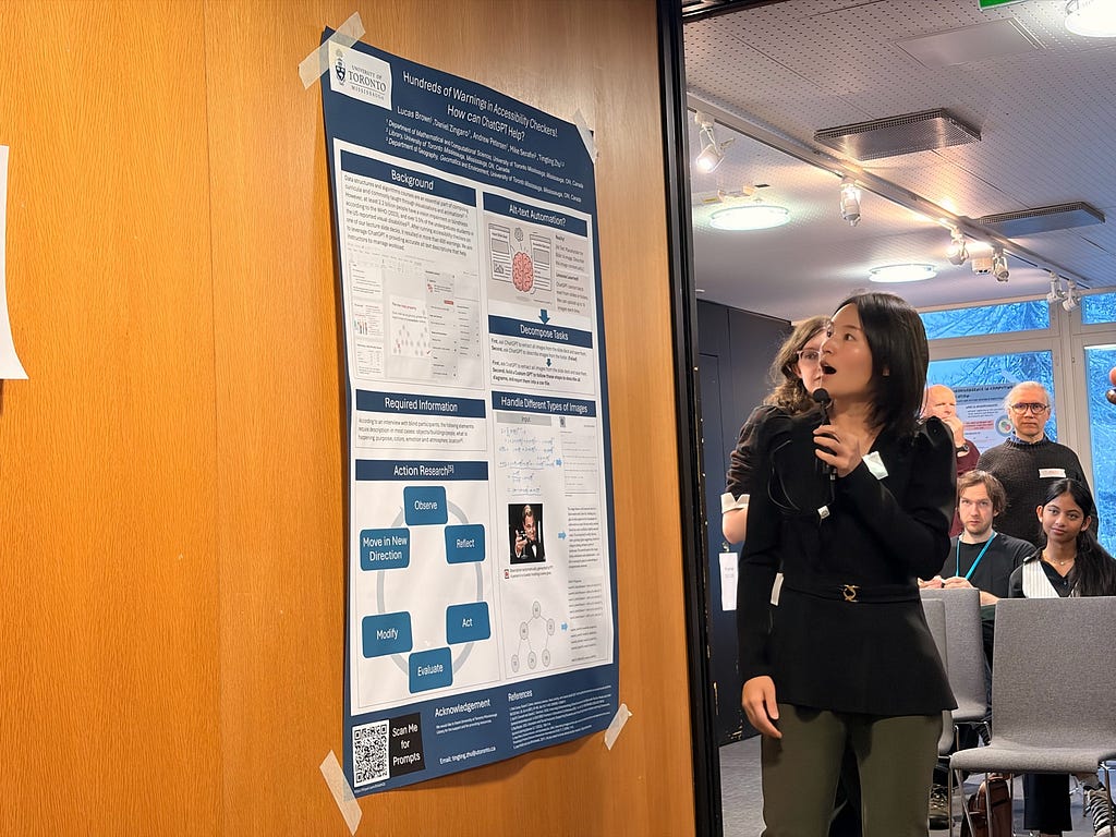 Tingting standing in front of her white and blue poster, taped to the wooden wall.