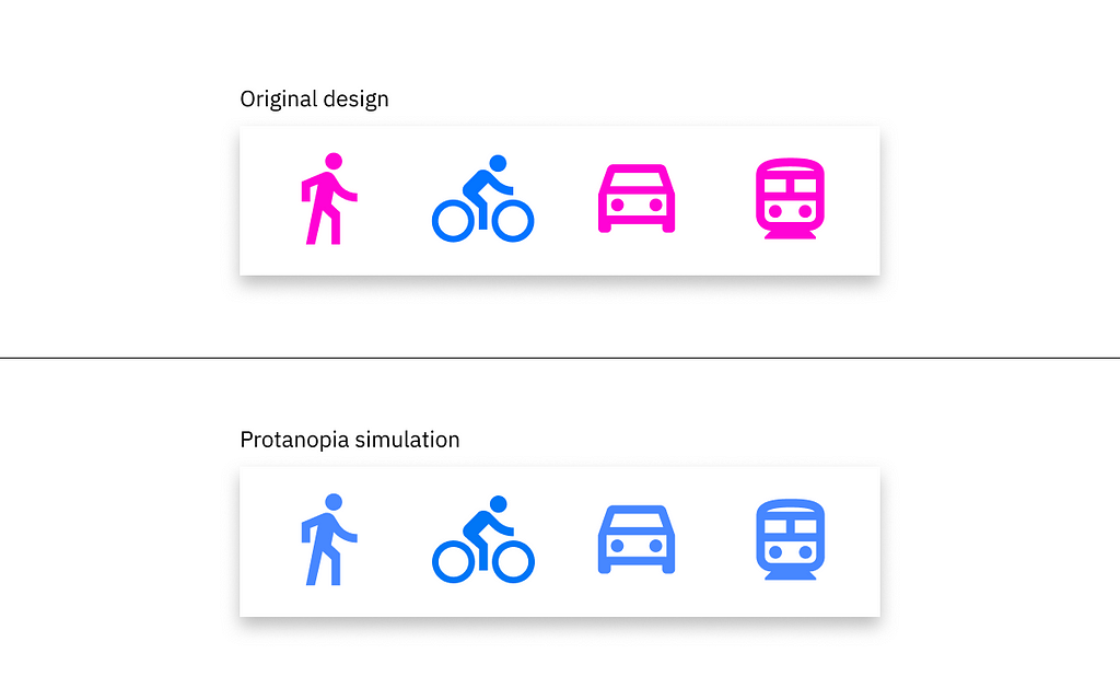 Comparison of original navigation design (pink and blue) with protanopia simulation (they all look blue).