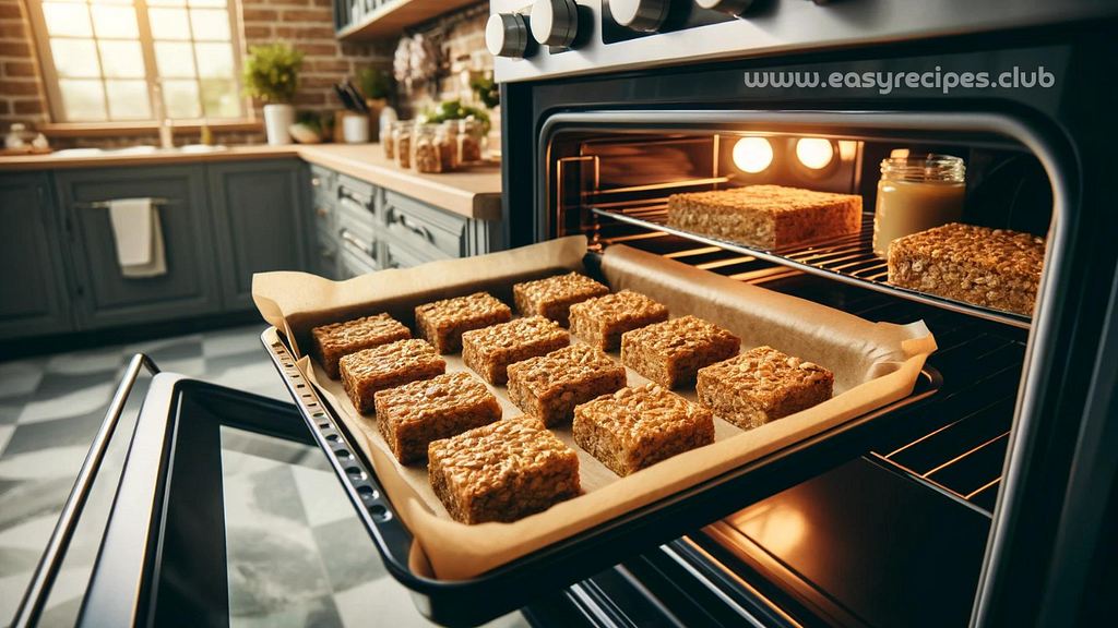 Healthy flapjacks baking in a clean oven with a glass door, showing golden brown flapjacks inside.