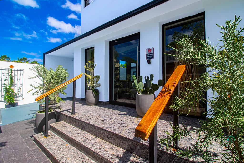 Front of Villa Azure, with cactuses at the entrance of a glass door surrounded by oversized glass panels that let natural light inside.