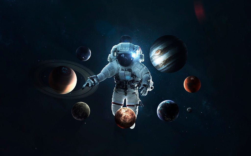 The image shows an astronaut and planets.