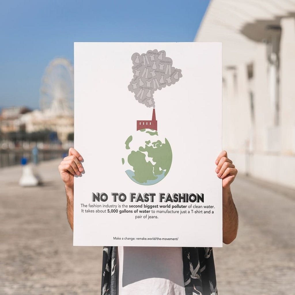 A protest sign that says ‘No to Fast Fashion’ below a graphic of the earth with a factory on top of it. Smoke coming out of the factory chimney is formed by a variety of garments.